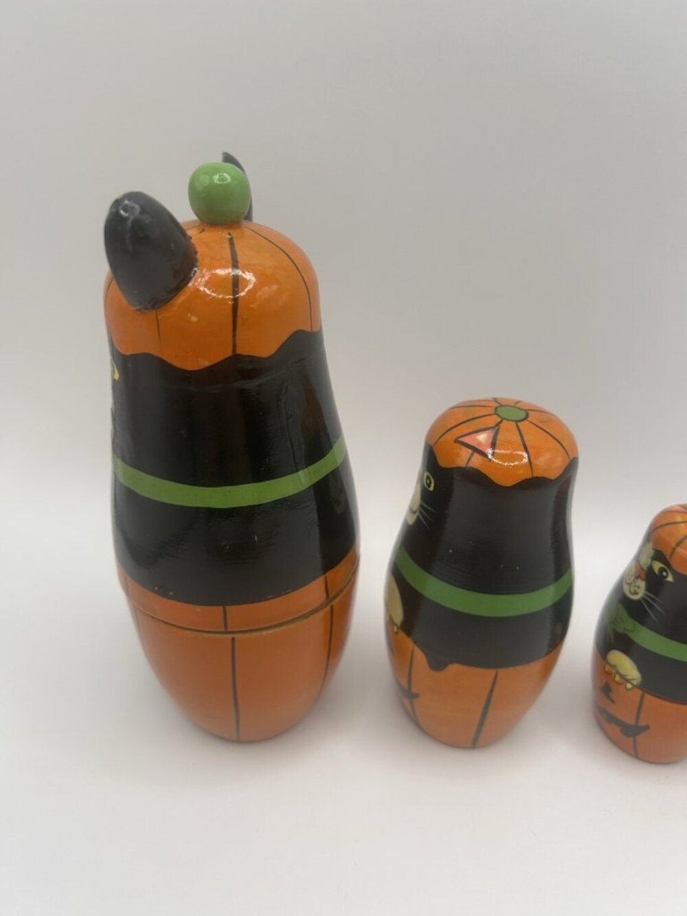 Halloween Kitty Cat Pumpkin Hand-Painted Wood Stacking Nesting Dolls Five Vtg - Picture 16 of 16